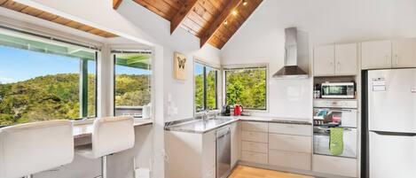 Fridge, microwave, toaster, cookware/dishes/utensils