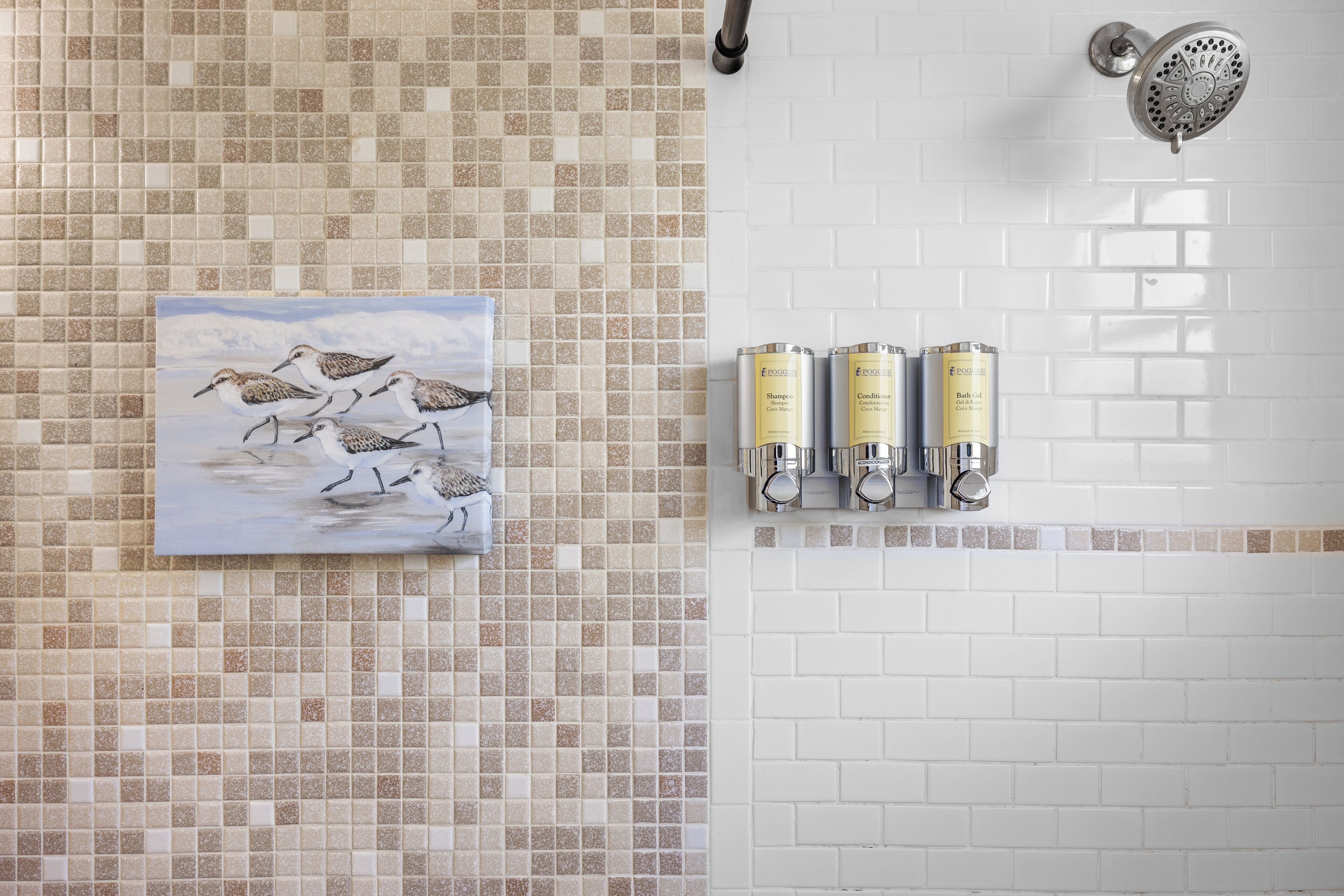 A bathroom with mosaic tiles, a painting of birds, and toiletries on a wall.