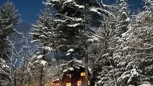 Una cabaña nevada de madera, rodeada de altos árboles de hoja perenne.
