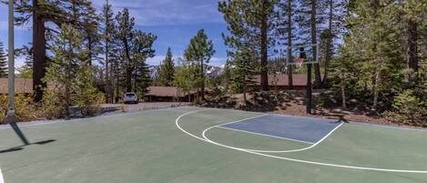 An outdoor basketball court surrounded by trees and buildings.