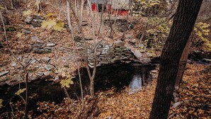 A stone bridge over a stream in a wooded area with autumn leaves.
