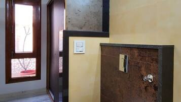 Hair dryer, towels, soap, toilet paper