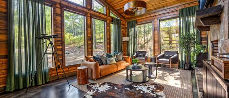 Smart TV, chimenea, libros, estéreo