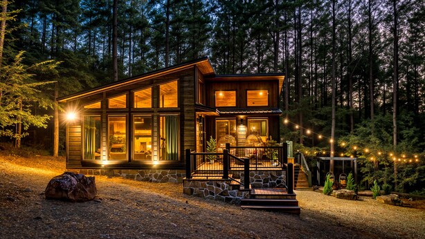 Eine Holzhütte mit großen Fenstern, einem Steinfundament und einer Holzterrasse.