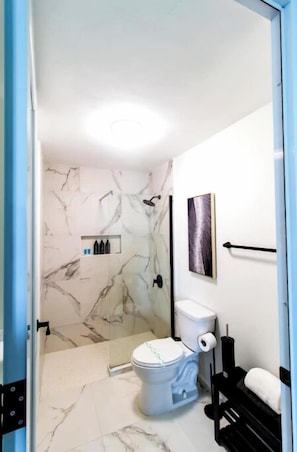 Hair dryer, towels, soap, toilet paper
