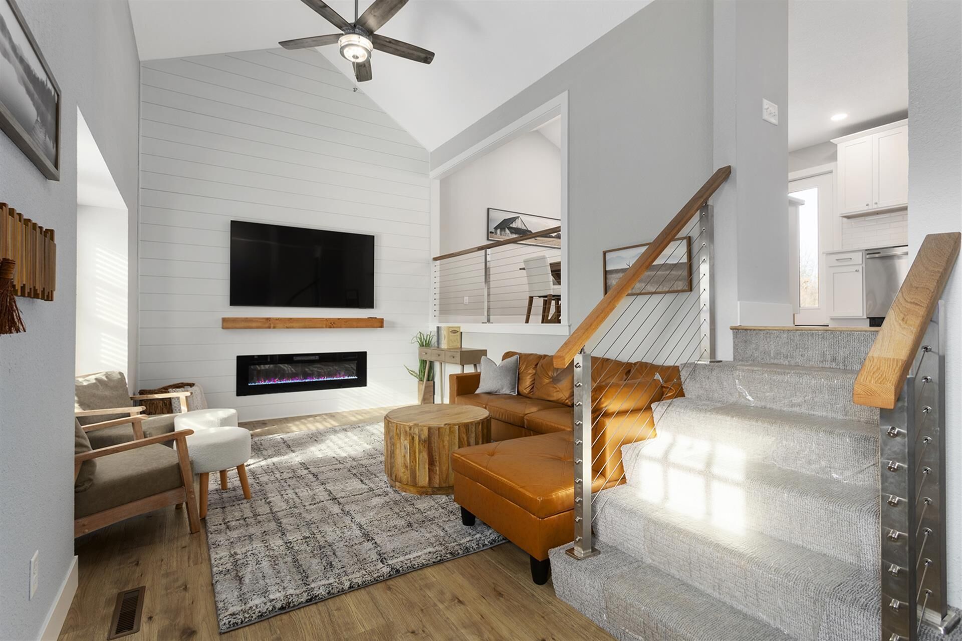 Smart TV, fireplace, books