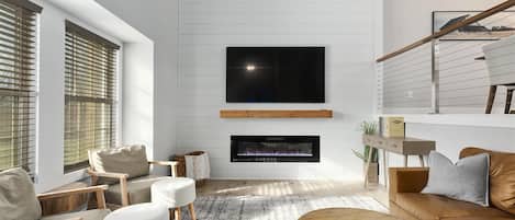 Smart TV, fireplace, books