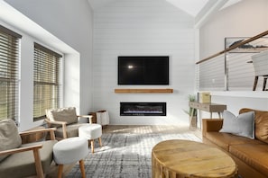Smart TV, fireplace, books