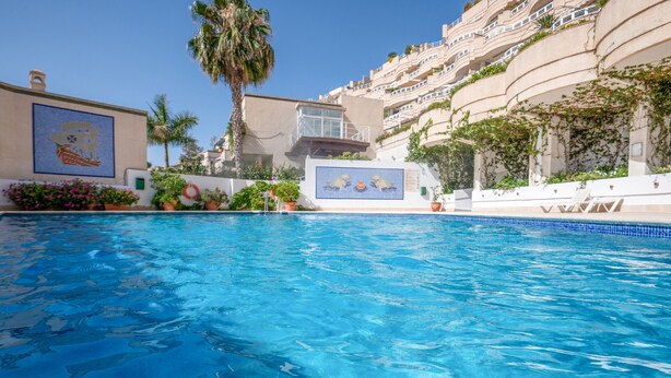 Une piscine à l’eau d’un bleu cristallin, entourée d’un bâtiment orné d’une fresque représentant un bateau et deux chevaux, ainsi que des palmiers et une bouée de sauvetage.