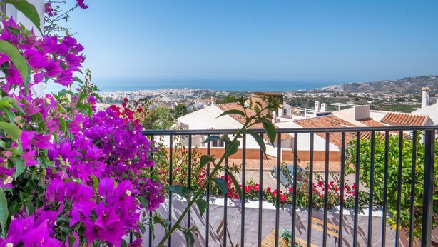A balcony with purple bougainvillea flowers, a view of the sea, and a cityscape in the background.