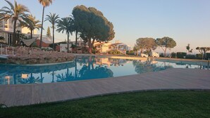 A swimming pool with a surrounding deck, palm trees, and a building in the background.