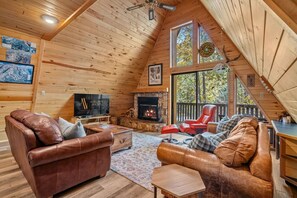Una Smart TV, una chimenea, libros