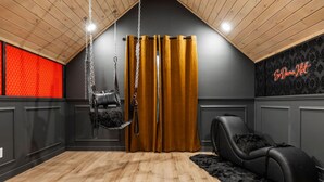 A room with a sloped ceiling, a hanging chair, a fur rug, and a red acoustic panel.
