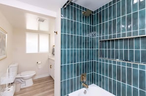 Shower, towels, soap, shampoo