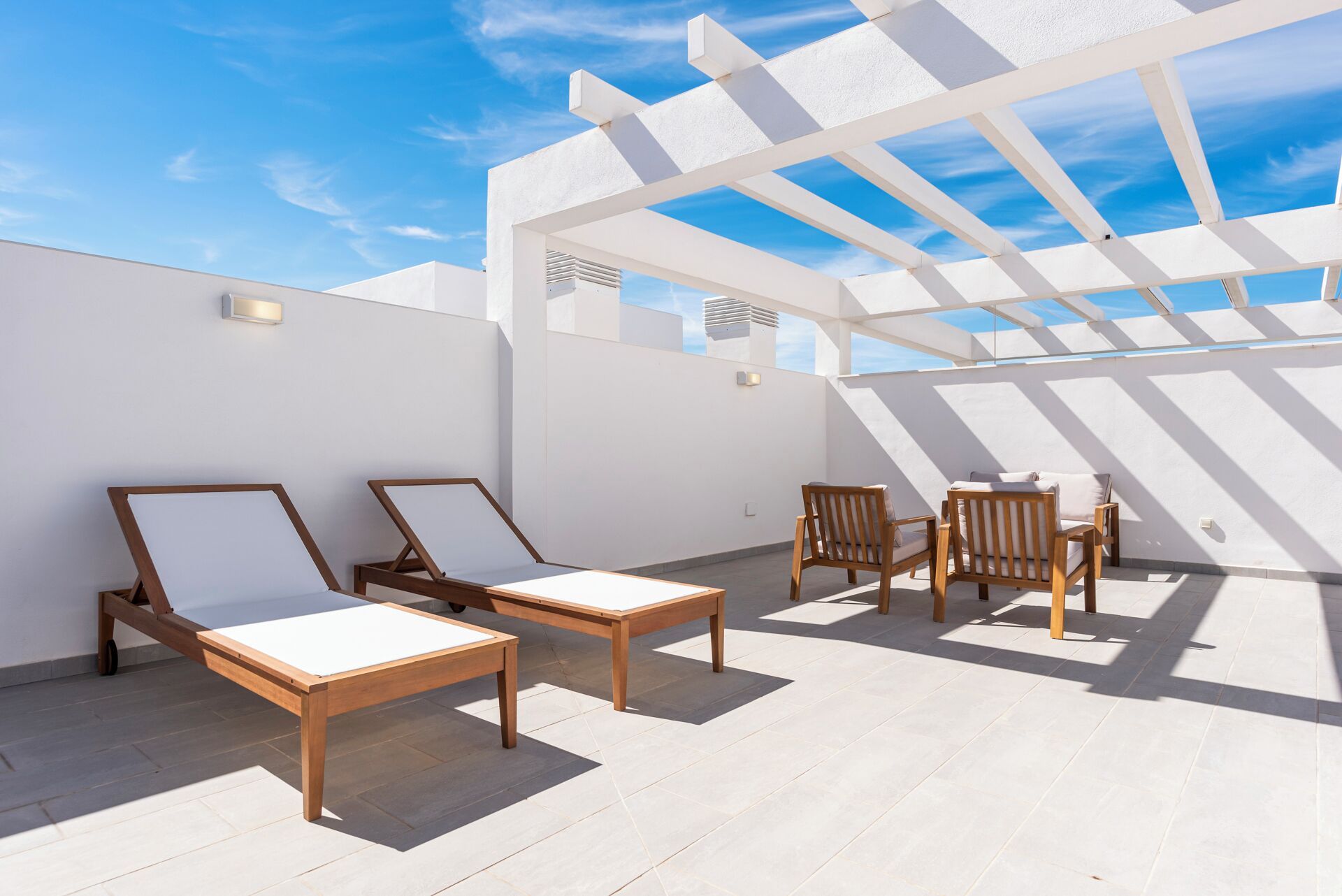 A rooftop terrace with two lounge chairs and a small table, white walls, and a clear blue sky.