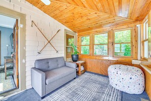 TV, fireplace - Pet-Friendly Catskills Retreat: Fire Pit & Deck! (Grand Gorge)