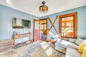 TV, fireplace - Pet-Friendly Catskills Retreat: Fire Pit & Deck! (Grand Gorge)
