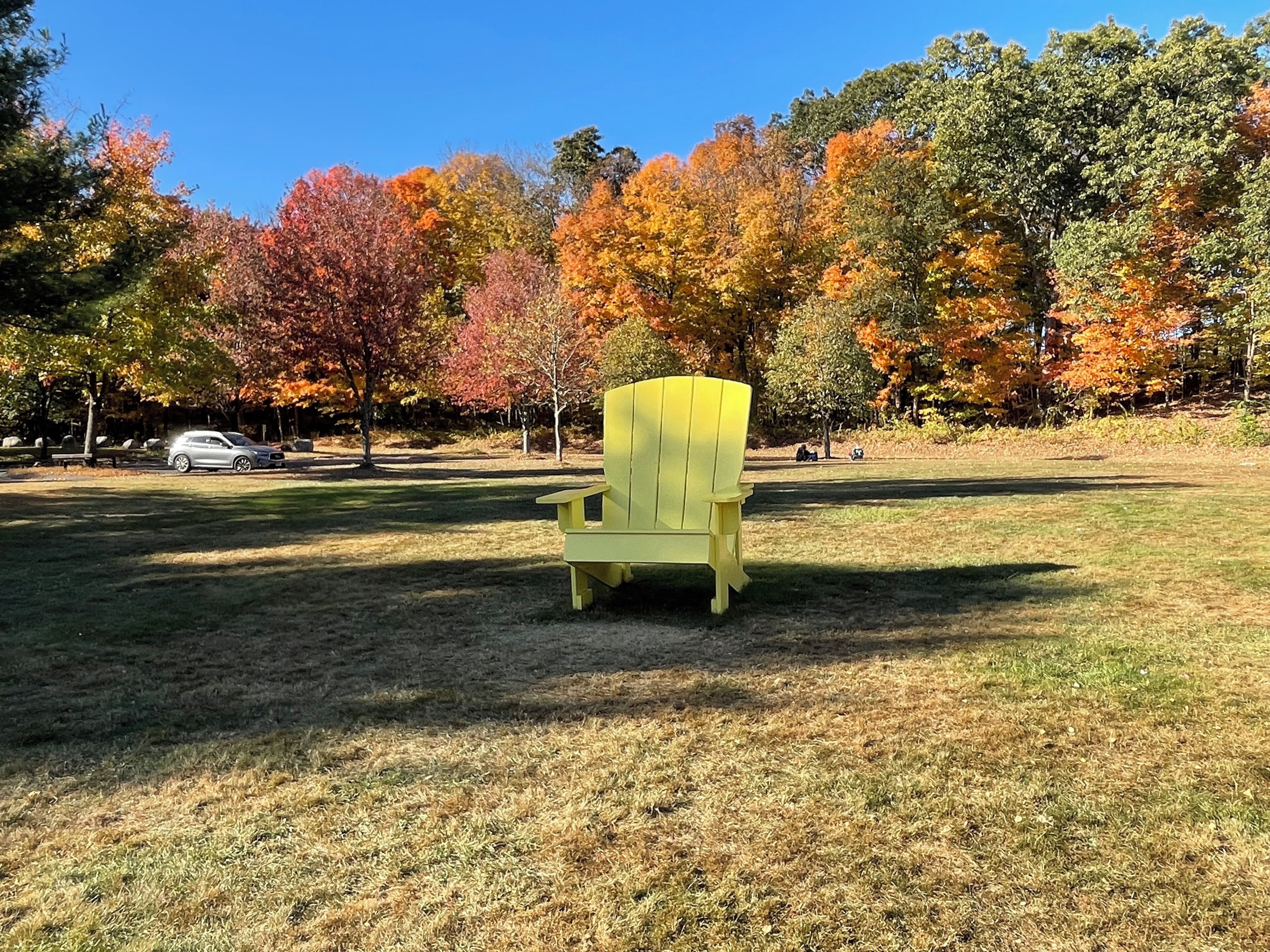 Ein Park mit einem gelben Adirondack-Stuhl im Vordergrund, einem Auto und Bäumen mit Herbstlaub im Hintergrund.