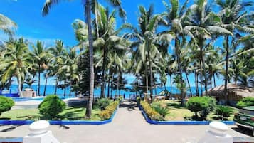 A resort pathway lined with palm trees leading to a beach.