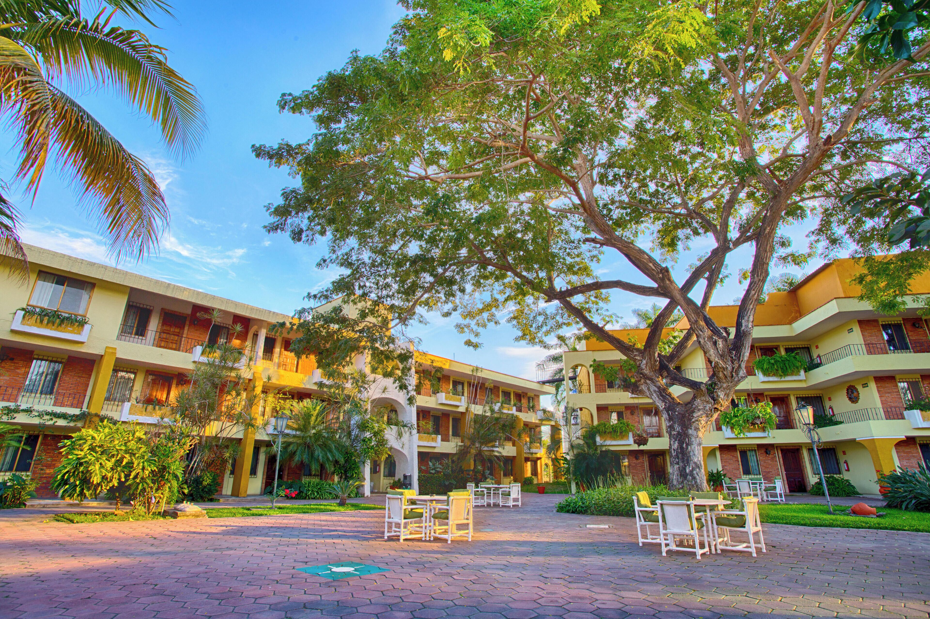 A courtyard with a large tree, outdoor seating, and a multi-story building with balconies.