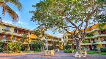 A courtyard with a large tree, outdoor seating, and a multi-story building with balconies.
