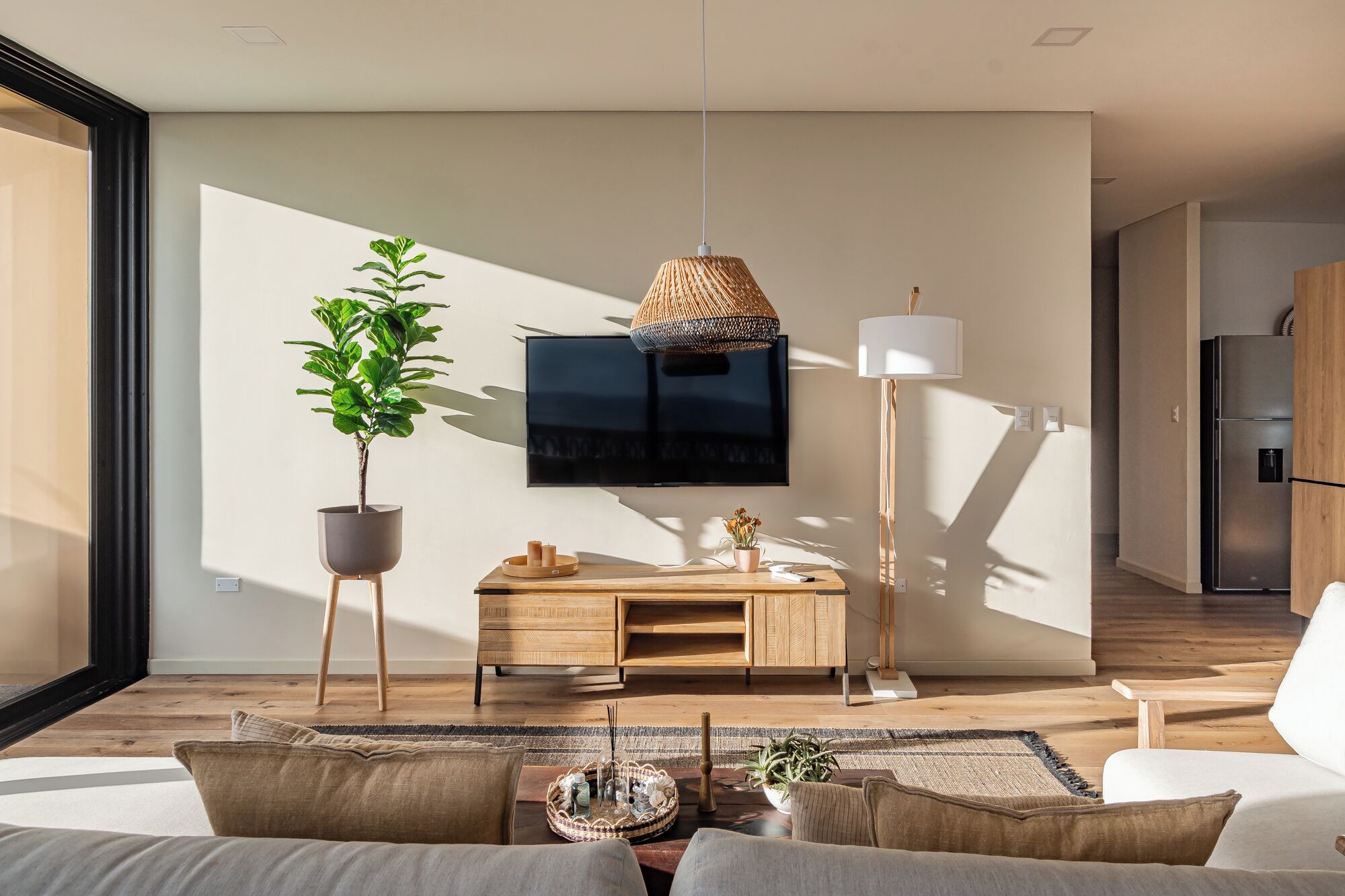 A modern living room with a flat-screen TV, wooden furniture, a potted plant, and a floor lamp.