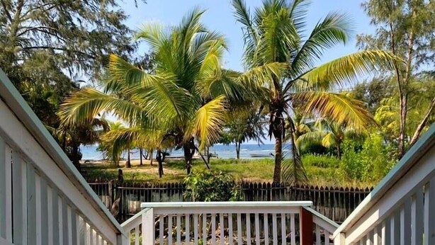 A wooden deck with a white railing, overlooking a beach with palm trees and a clear view of the ocean. - Calabash Reef House, 2 Bedrooms- Steps To The Ocean (Jose Santos Guardiola)