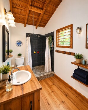Hair dryer, towels, shampoo, toilet paper