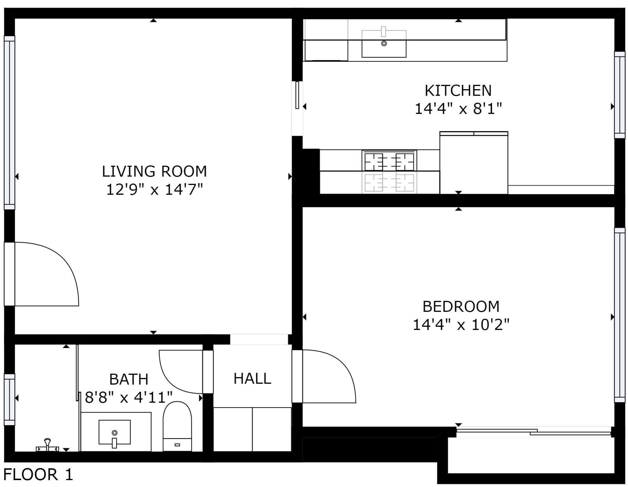 Een plattegrond van een appartement met één slaapkamer, met een woonkamer, keuken, slaapkamer, badkamer en hal.