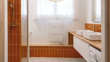 Shower, hair dryer, towels, soap