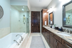 Eco-friendly toiletries, hair dryer, towels