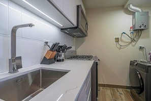A modern kitchen with a stainless steel sink, a stove, and a built-in microwave.