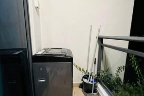 Ein kleiner Raum mit einem schwarzen Aktenschrank, einem Metallgeländer und einem Blumentopf.