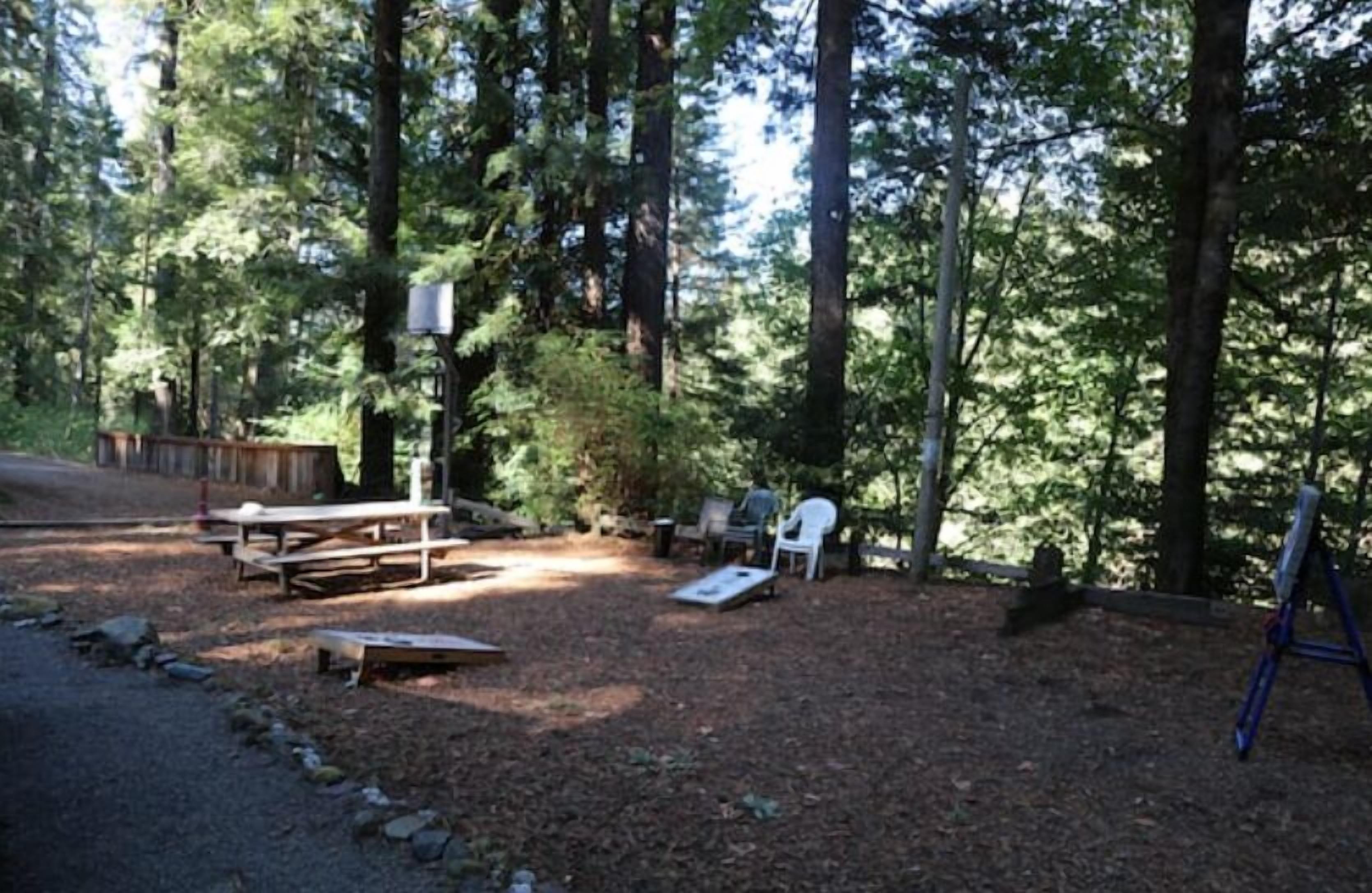 Un terrain de camping boisé équipé de tables de pique-nique, de chaises et d’un télésiège bleu.