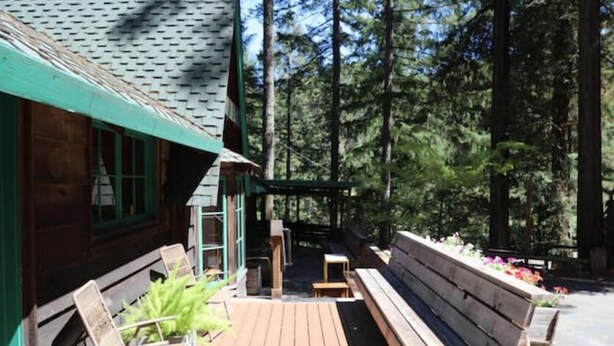 A wooden deck with benches and chairs, surrounded by a forest. - "The Lodge" River Access 2 Kitchens Dines 18 ppl

 (Garberville)