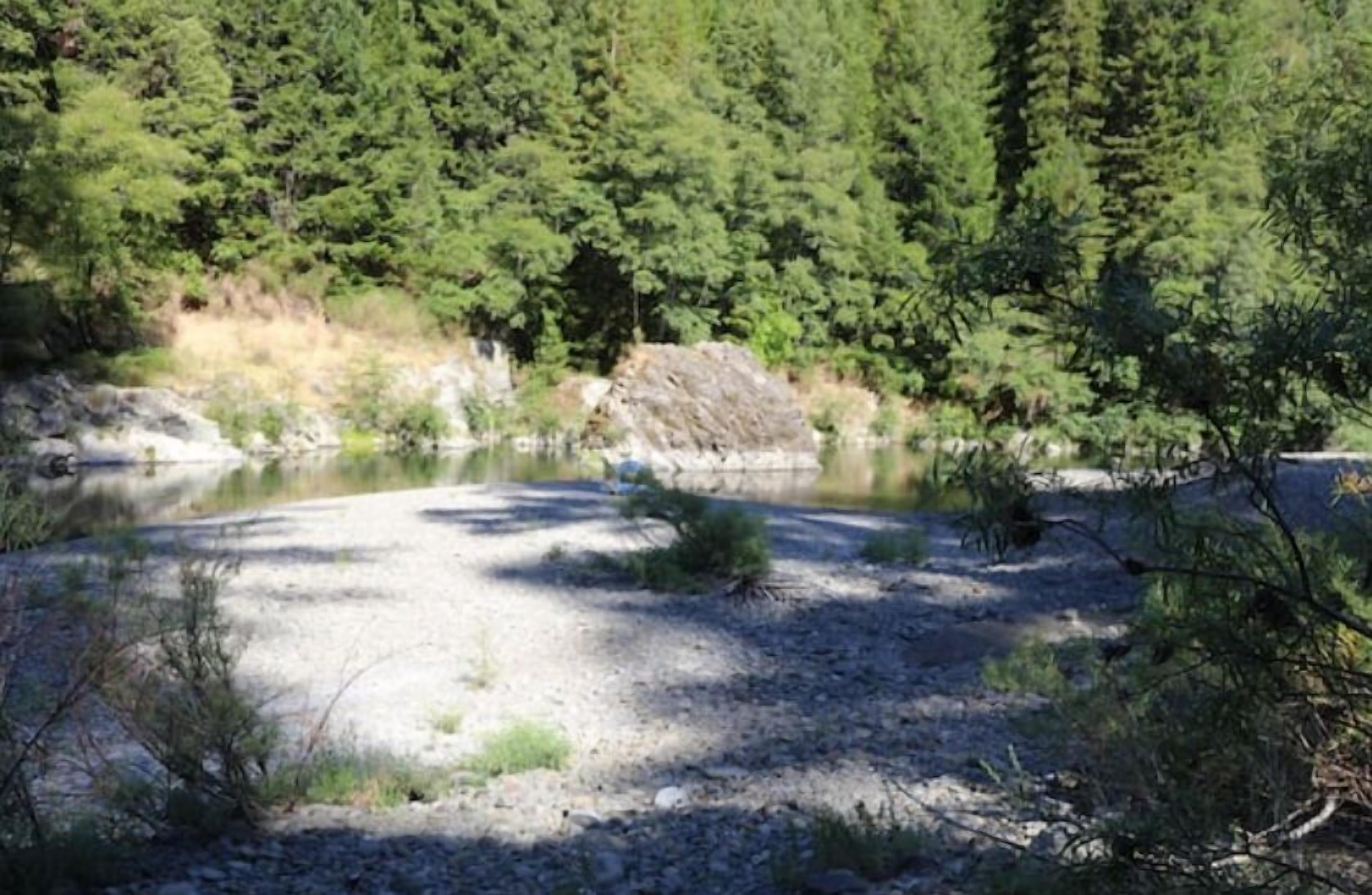 Un paisaje natural con un área boscosa y un cuerpo de agua.