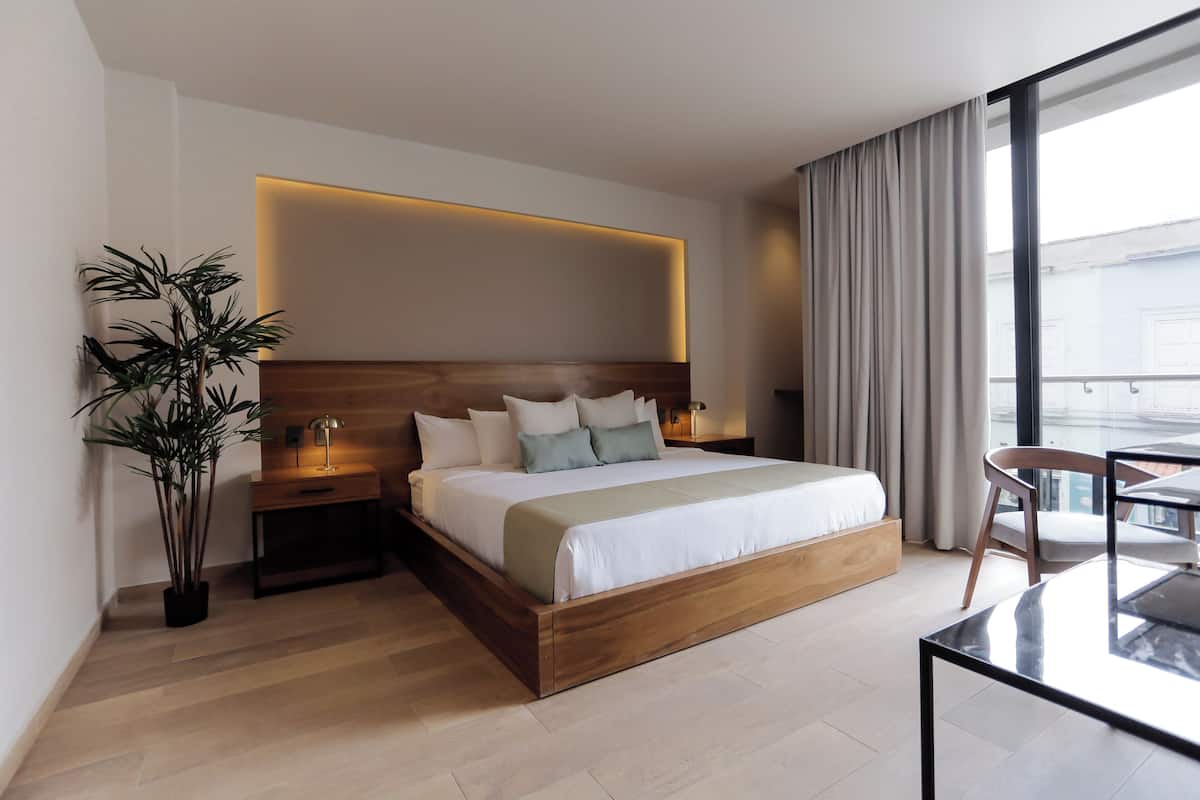 A modern hotel room with a wooden bed, bedside tables, a potted plant, and a balcony with a view.