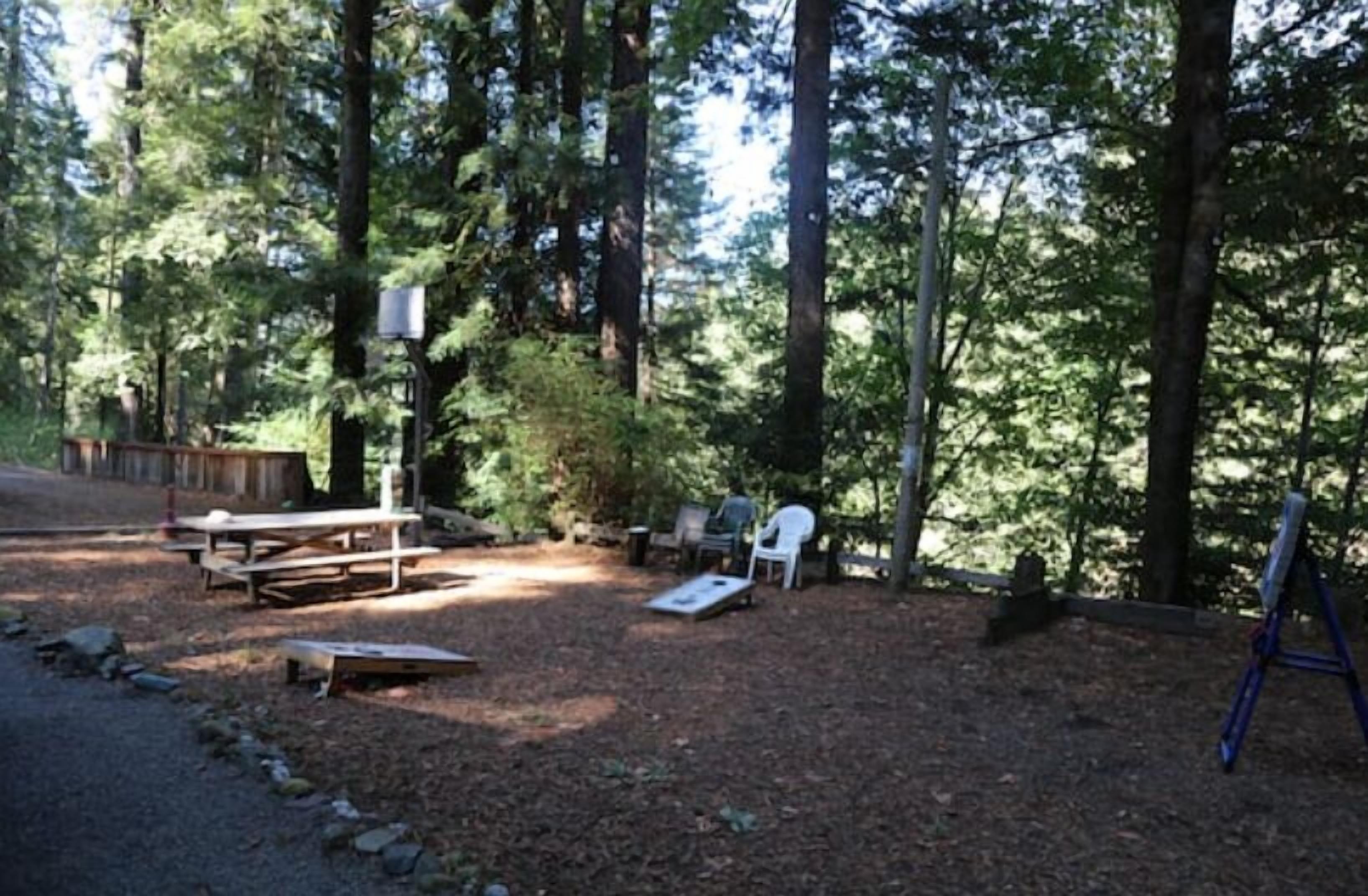 Un campamento arbolado con mesas de picnic, sillas y un telesilla azul.