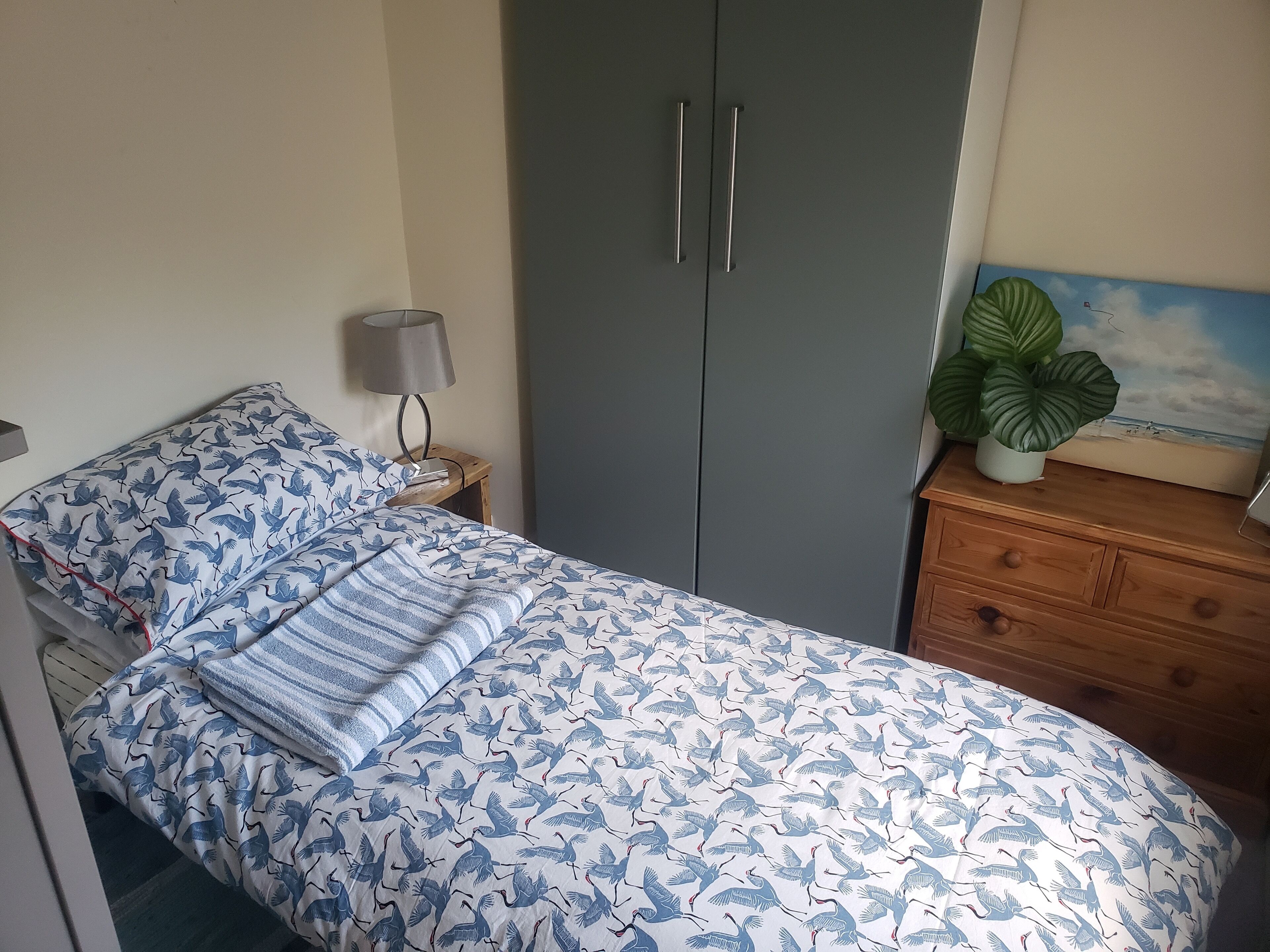 Un dormitorio con una cama, un armario, una mesita de noche, una lámpara, un aparador y una planta en maceta.