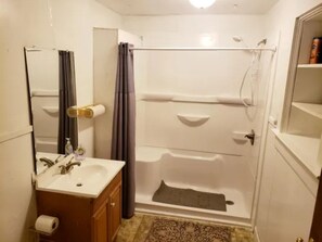 Shower, towels, toilet paper