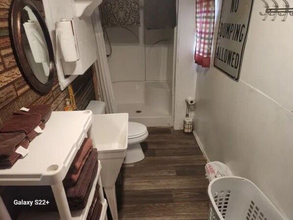 Shower, towels, toilet paper