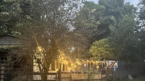 A garden area with a wooden fence, gravel pathways, and string lights. - Beautiful 1-bed Secluded Cabin, With bar & Fire (Godstone)