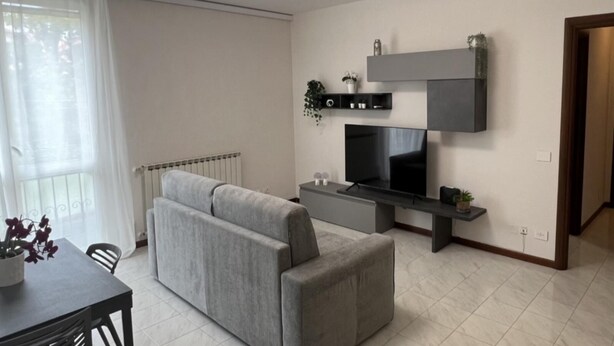 Un saló modern amb un sofà gris, una televisió plana i un disseny minimalista.