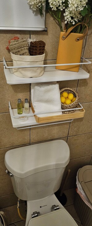 Sèche-cheveux, serviettes fournies, savon, shampoing