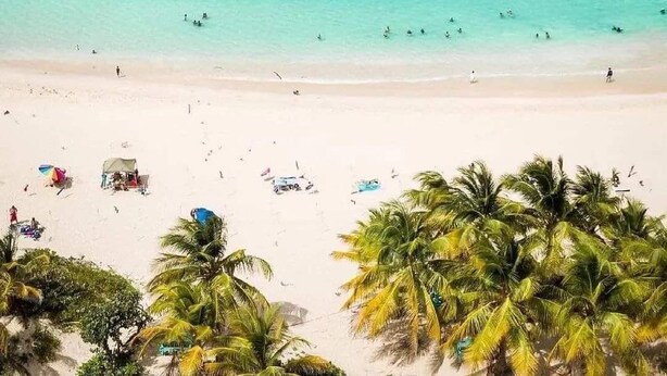 A beach with clear turquoise water, white sand, and palm trees. - Charming Villa on Stunning Flamenco Beach Stylish & Confort steps to paradise🏝 (Culebra)