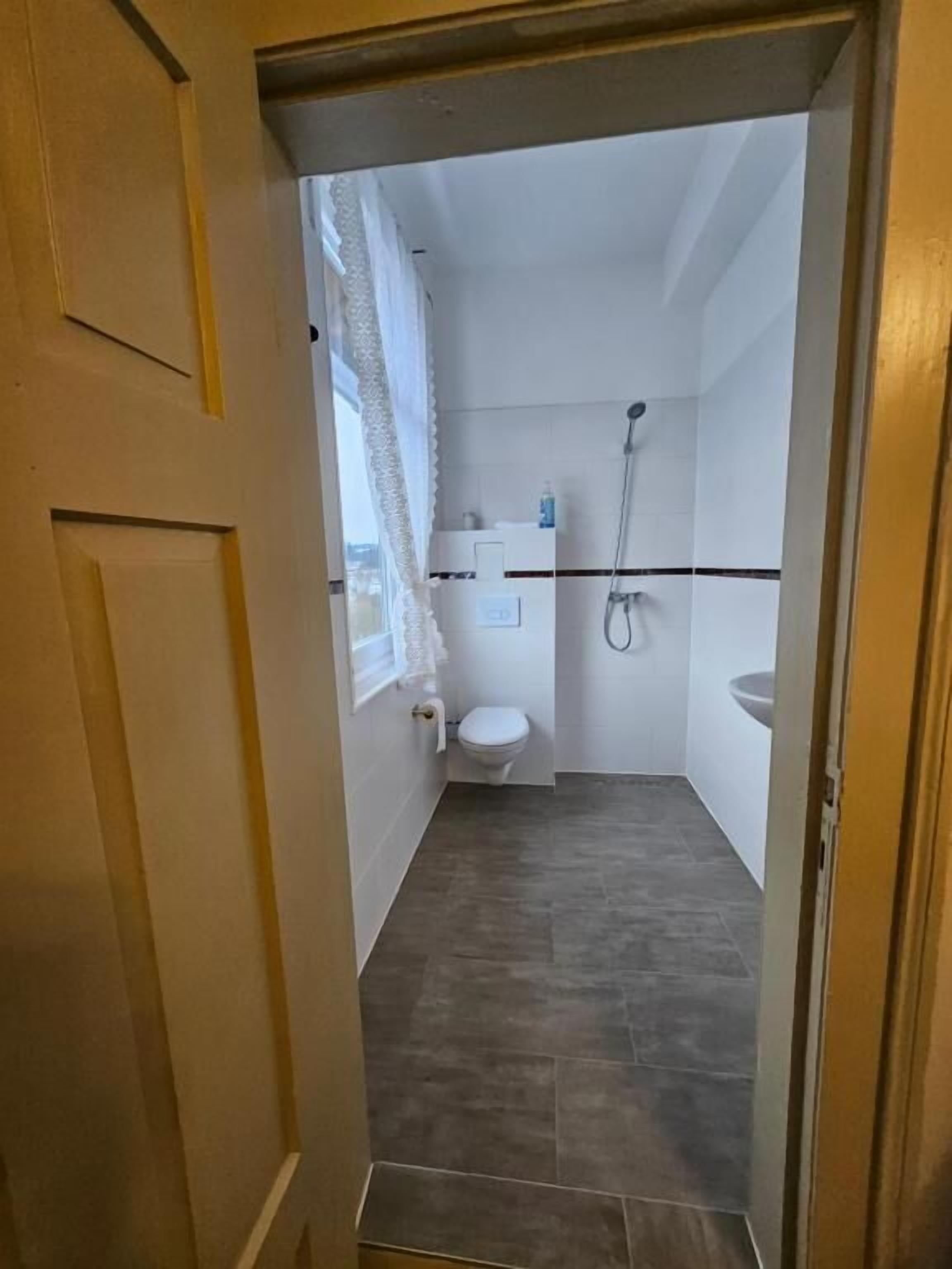 Un baño estrecho con inodoro, lavabo y ducha.