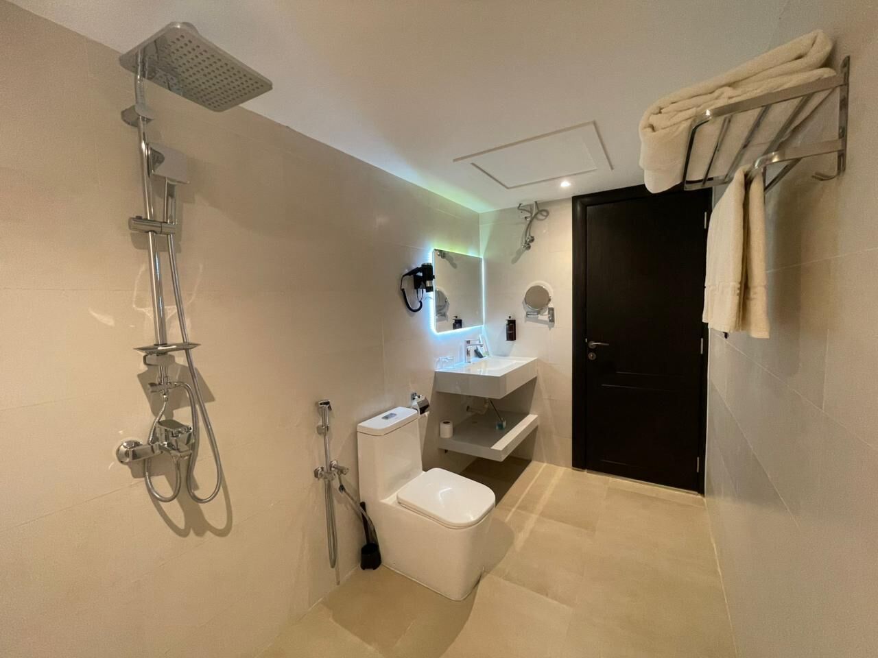 A modern bathroom with a shower, toilet, and sink.
