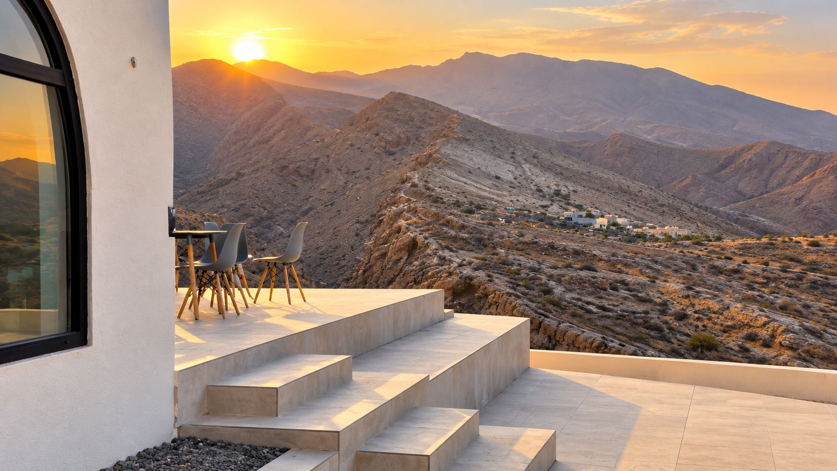 A modern outdoor terrace with a view of a mountainous landscape.