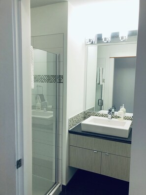 Douche, séchoir à cheveux, serviettes fournies, savon