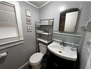 Hair dryer, towels, soap, toilet paper
